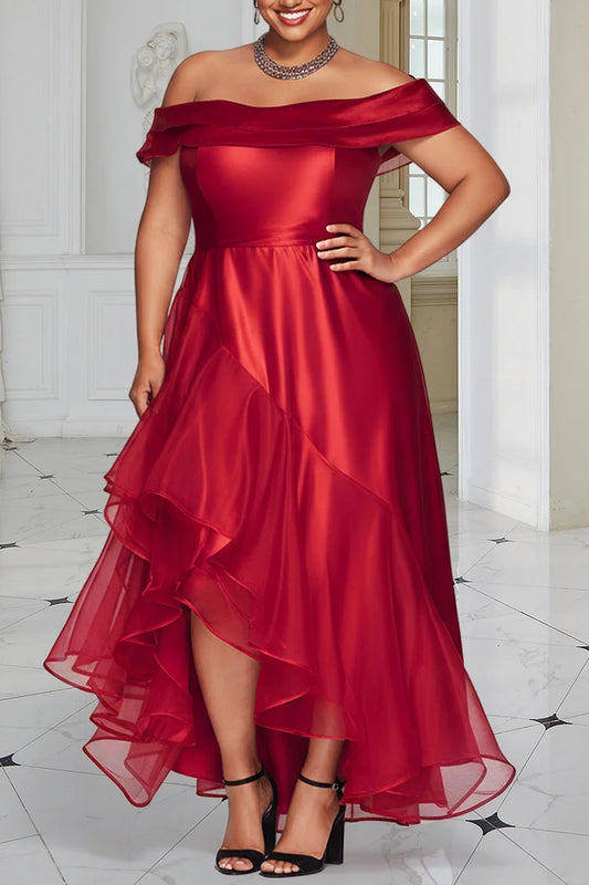 Christmas Red Off The Shoulder Ruffle Elegant Asymmetric Satin Maxi Dress