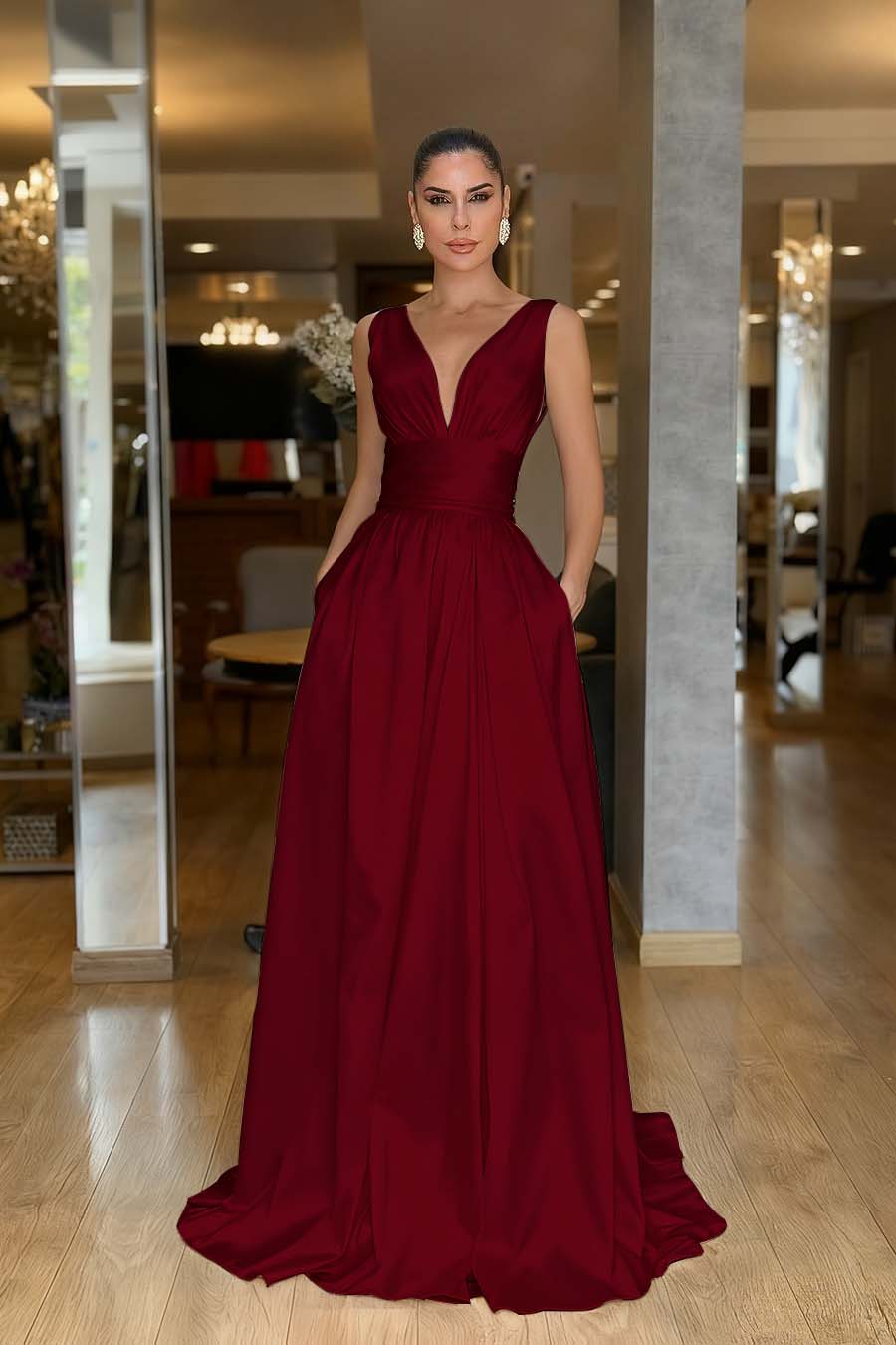 Sleeveless High Waist Long Prom Dress With Pockets Pleated