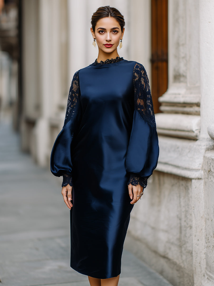 Elegant Satin Midi Dress With Lace Balloon Sleeves
