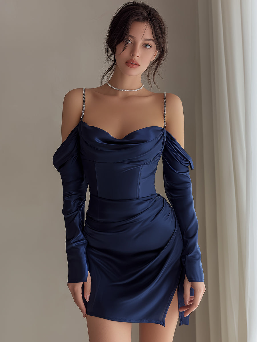 Navy Satin Off-Shoulder Draped Mini Dress With Embellished Straps