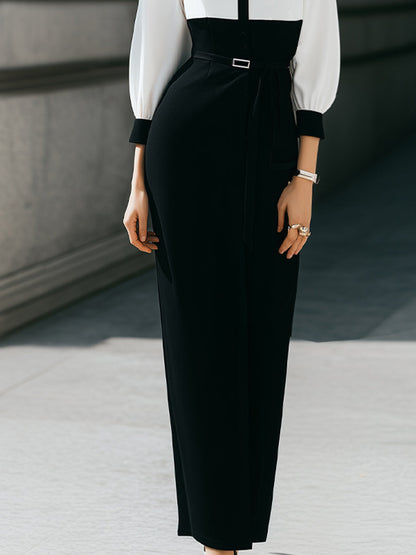 Elegant Contrast-Collar Long-Sleeve Maxi Dress