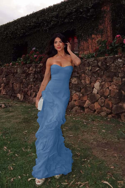 Chiffon Sweetheart Strapless Sleeveless Long Prom Dress With Ruffles