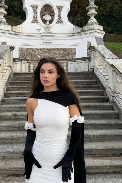 White Sleeveless Mermaid Long Prom Dress With Pleated Gloves