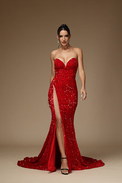 Sexy Red V-Neck Prom Dress Sleeveless Mermaid Sequins with Slit