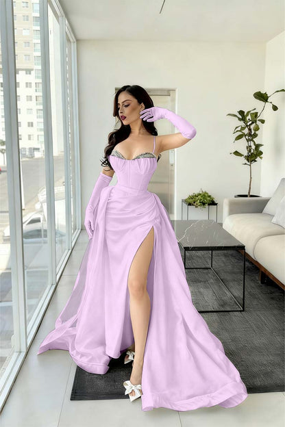 Spaghetti Strap Sleeveless Long Mermaid Prom Dress With Split Gloves