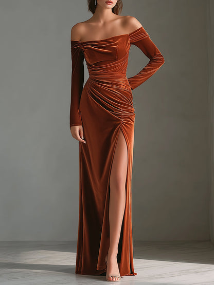 Rust Brown Off-Shoulder Velvet Ruched Gown With High Slit