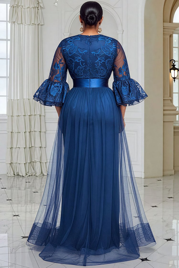 Formal Tulle Royal Blue Graphic Round Neck Flare Half Sleeve Contrast Maxi Dress