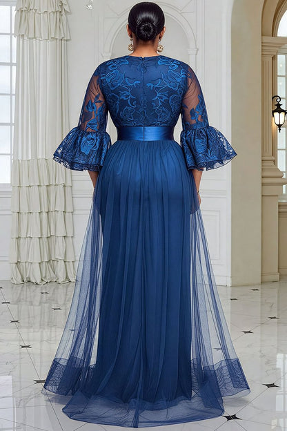 Formal Tulle Royal Blue Graphic Round Neck Flare Half Sleeve Contrast Maxi Dress
