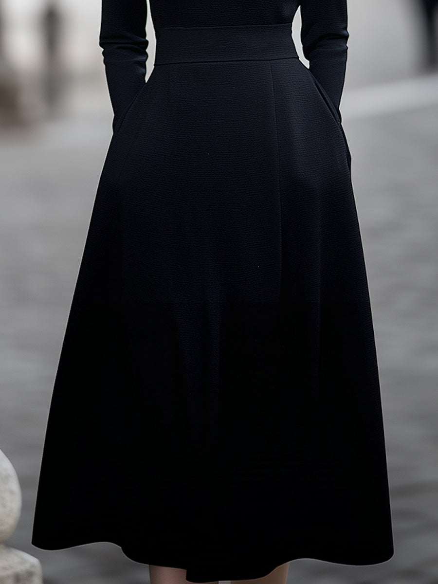 Draped Cape-Shoulder Midi Dress In Classic Black
