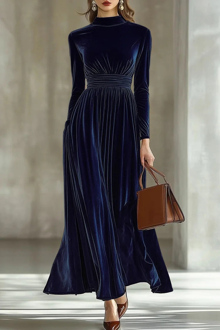 Plain Mock Neck Cinch Waist Long Sleeve Velvet Maxi Dresses
