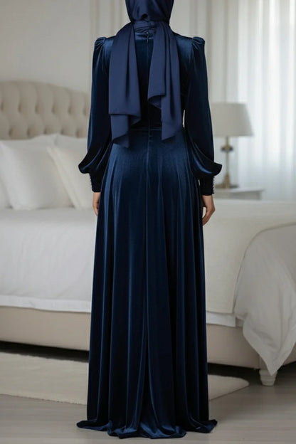 Streamer Pleated Ruched Pearl-Cuffed Velvet Party Maxi Dress