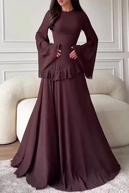 Round Neck Flare Sleeve Ruffled Solid Color Maxi Dresses