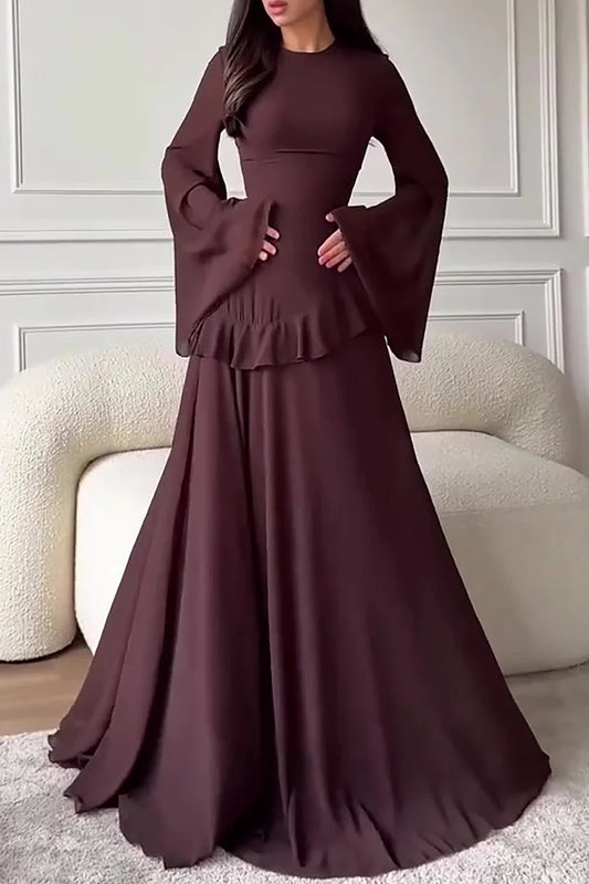 Round Neck Flare Sleeve Ruffled Solid Color Maxi Dresses