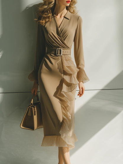Khaki Long-Sleeve Wrap Midi Dress With Pleated Ruffle Trim