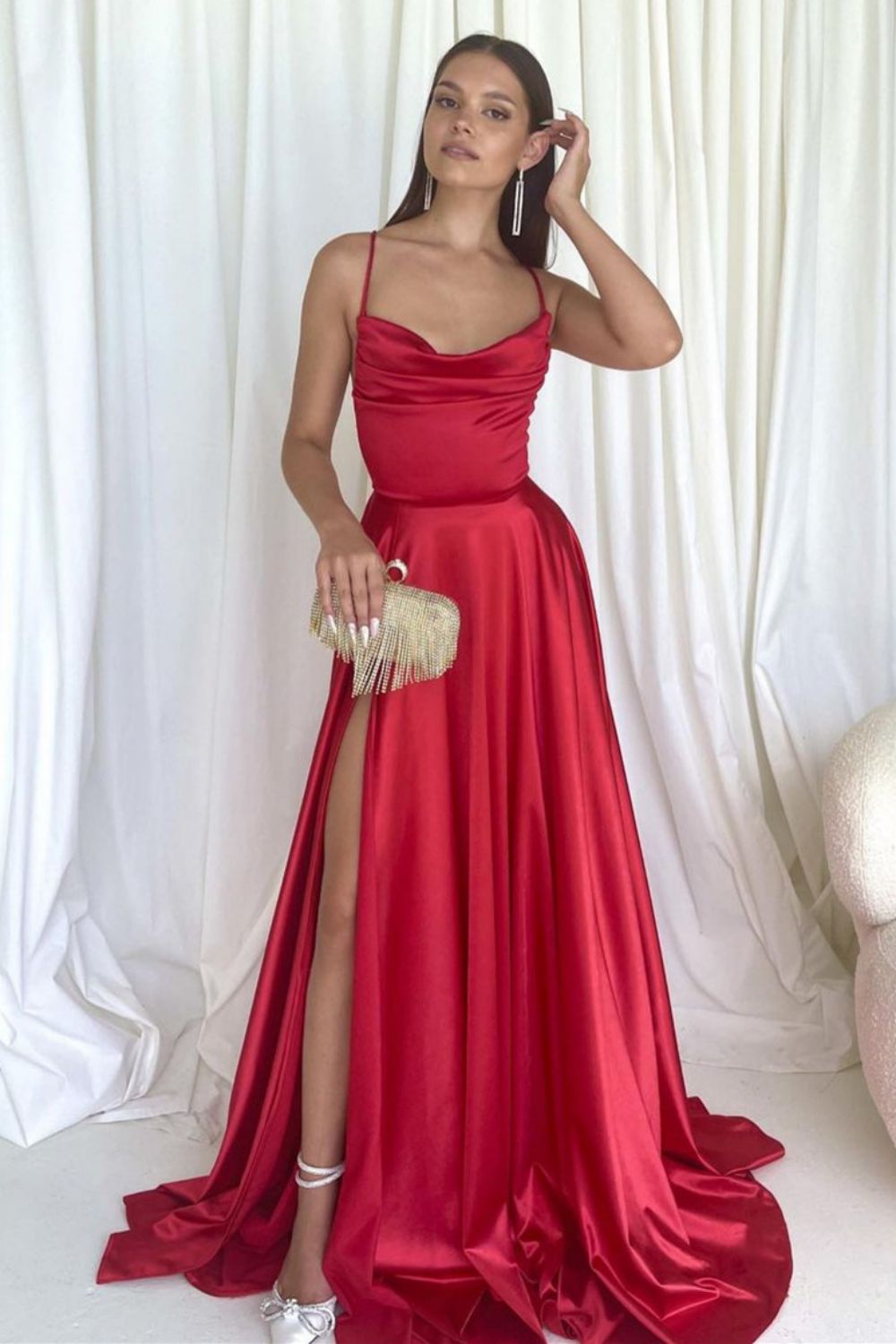 Simple A Line Spaghetti Straps Red Long Prom Dress with Criss Cross Back