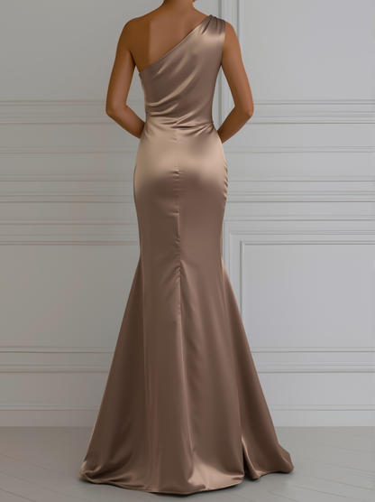 Champagne Satin One-Shoulder Mermaid Evening Gown