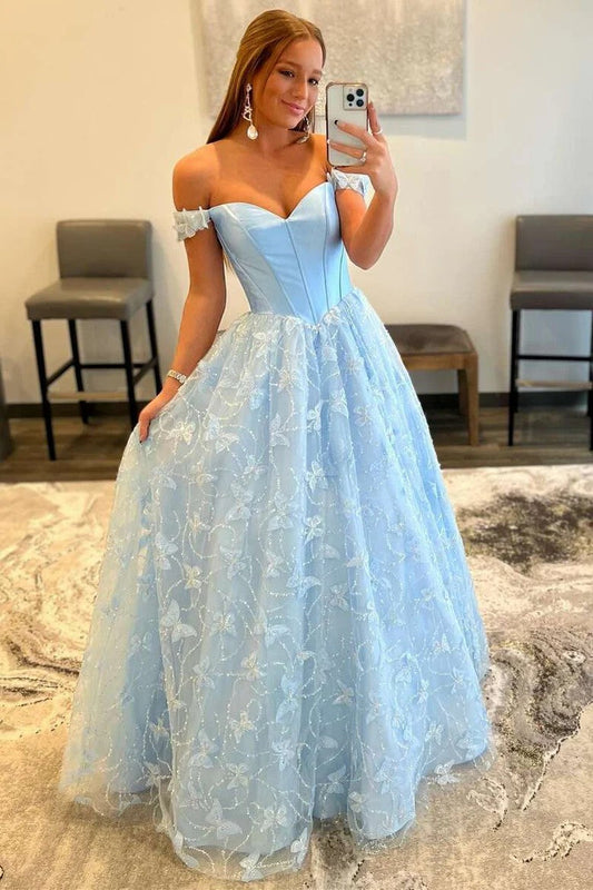 Light Blue Off-Shoulder Ball Gown with Butterfly Embroidered Tulle Skirt