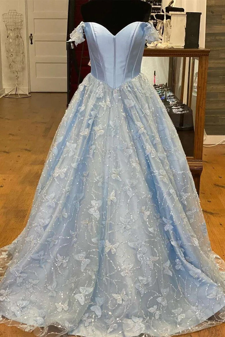 Light Blue Off-Shoulder Ball Gown with Butterfly Embroidered Tulle Skirt