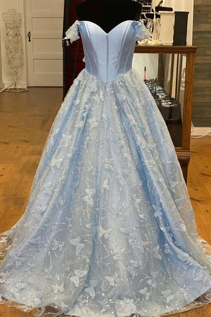 Light Blue Off-Shoulder Ball Gown with Butterfly Embroidered Tulle Skirt