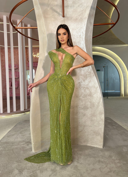 Green Asymmetrical Neck Sleeveless Ruched Sheath Prom Dress