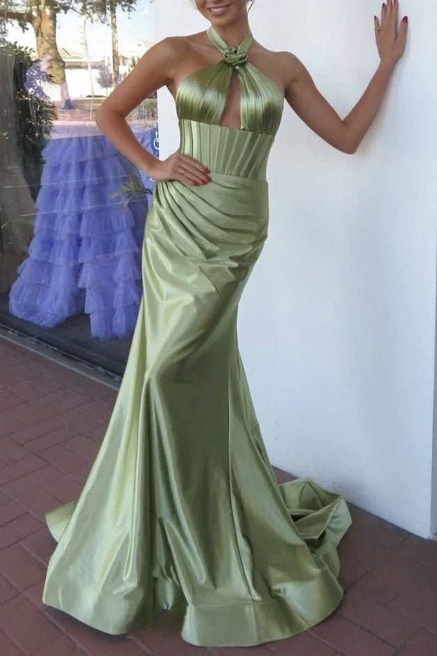 Mermaid Sage Halter Corset Long Prom Dress with Rosette Embellishment