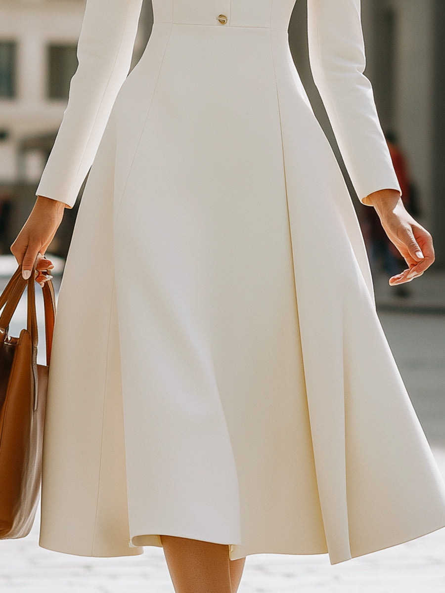 Ivory Puff Sleeve Buttoned Peter Pan Collar Midi Dress