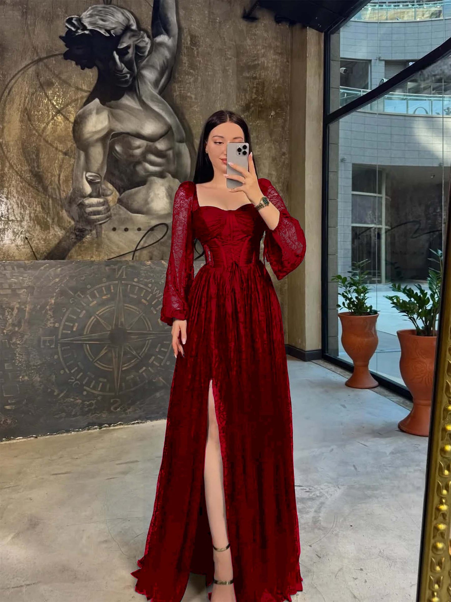 Lantern Long Sleeves Long A-Line Pleated Prom Dress With Split And Corset