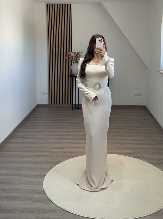 Elegant Long Sleeves V-Neck Ruched Satin Evening Dress