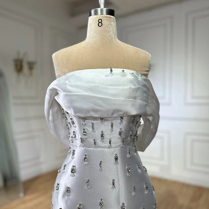 Blue Beaded Crystal Ankle-Length Mermaid Satin Evening Dress Gown for Party