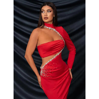 Fitted High Neck Beaded Pleats Strapless Satin Long Sleeves Formal Dress