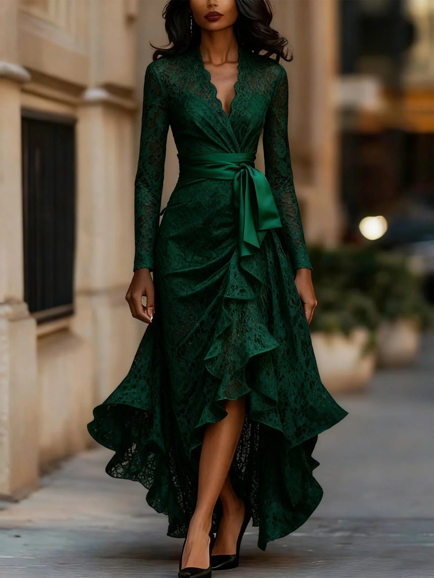 Emerald Enchantment: Asymmetric Lace Gown