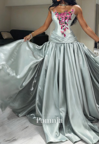 Simple A-Line Sleeveless Strapless Appliques Prom Dress