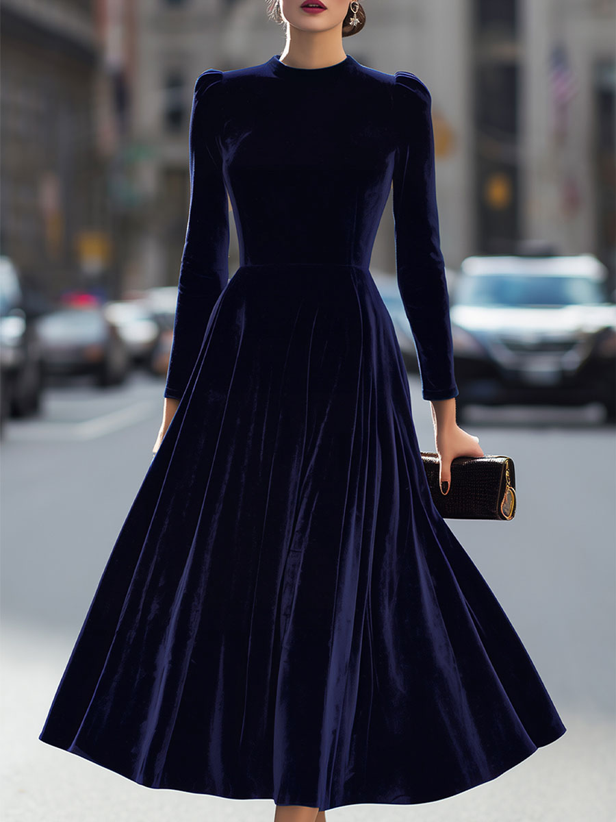 Luxurious   Velvet Long-Sleeve Midi Dress