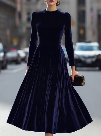 Luxurious   Velvet Long-Sleeve Midi Dress