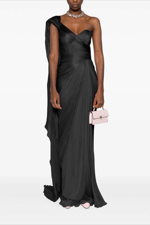 Asymmetric Neck One Shoulder Sleeveless Long Pleated Mermaid Prom Dress With Ruffles