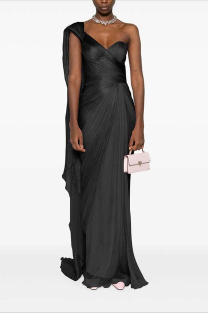 Asymmetric Neck One Shoulder Sleeveless Long Pleated Mermaid Prom Dress With Ruffles