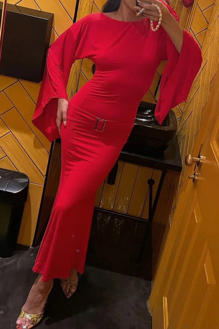 Buckle Decor Asymmetric Bell Sleeve Round Neck Slim Party Maxi Dress