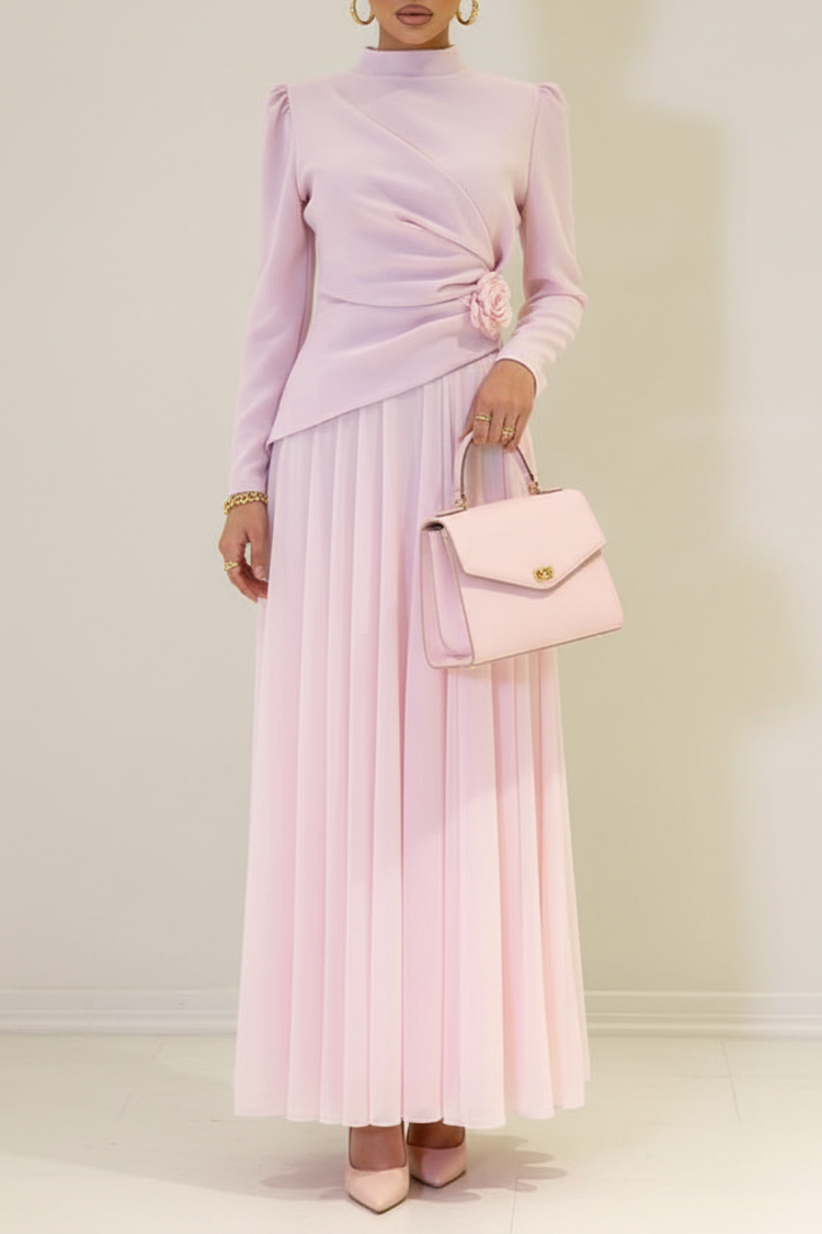 Rosette Mock Neck Puff Long Sleeve Pleated Party Maxi Dress