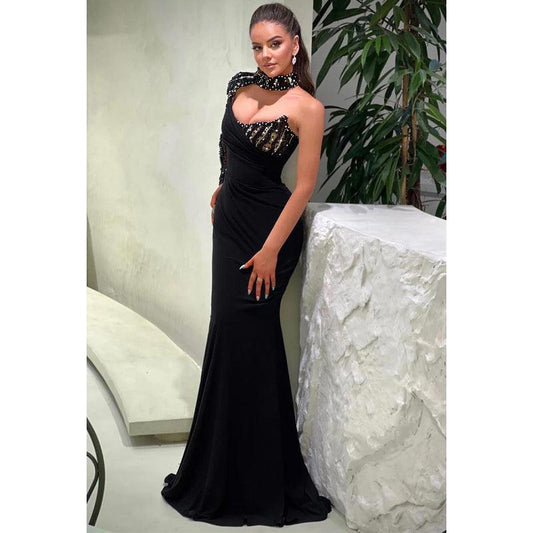 Sexy High Neck Beaded Black Long Sleeves Sparkly Formal Prom Dress