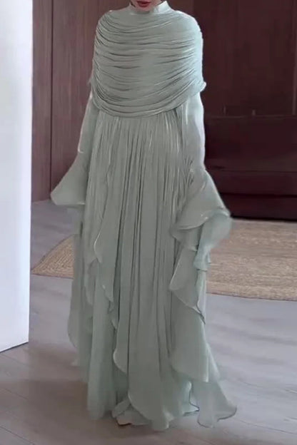 Draped Shoulder Pleated Slit Ruffled Trim Bell Sleeve Maxi Dress