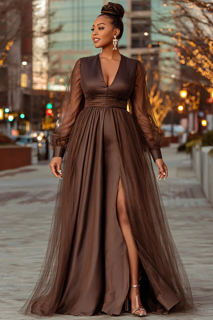 Formal Satin Brown V Neck Lantern Sleeve Long Sleeve Split Tulle Maxi Dress