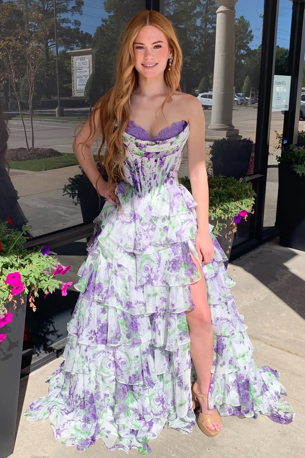 Cute A Line Sweetheart Lavender Floral Chiffon Tiered Prom Dress with Slit