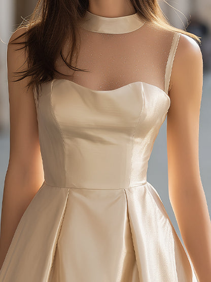 Chiffon Mesh-Panel Satin Mini Dress