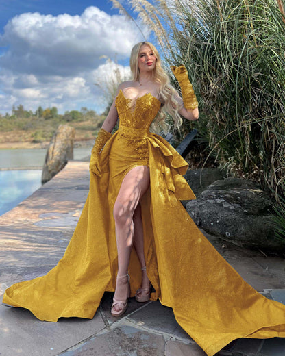 Strapless Sleeveless Long Split Prom Dress With Gloves Beading