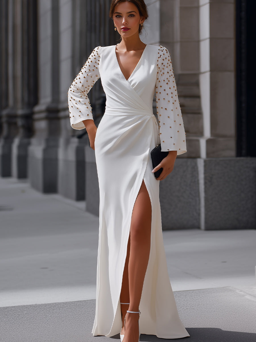 Embellished Sleeve Wrap Evening Gown