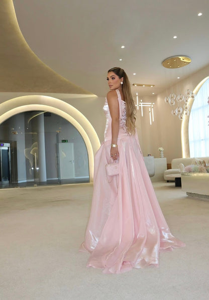 Pink Sheath Strapless Ruched 3D Flower Formal Gown Prom Dress