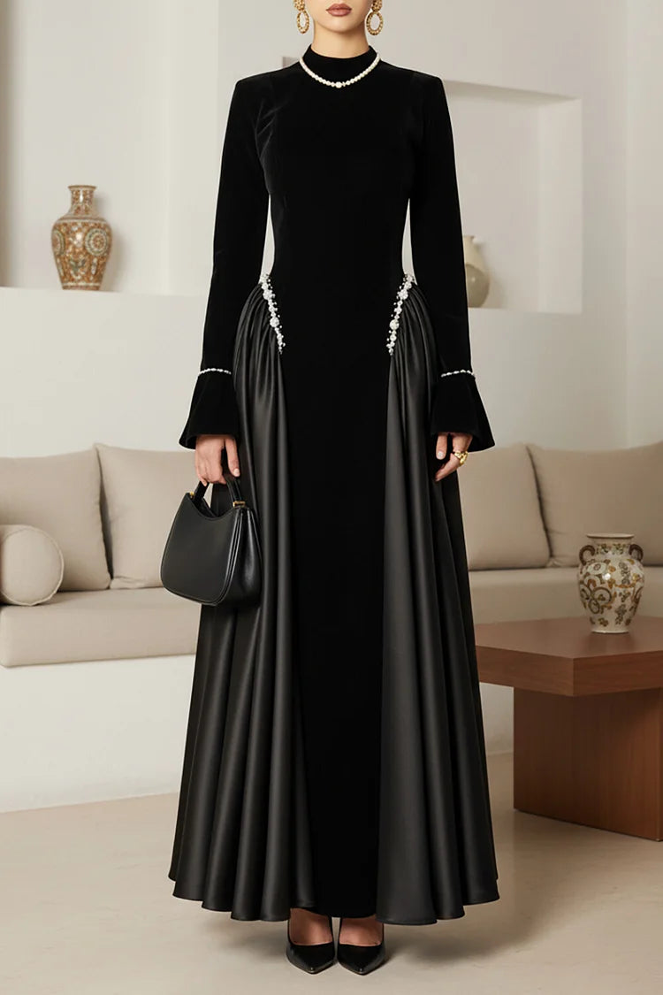 Velvet Patchwork Flare Sleeve Rhinestone Decor Party Maxi Dress