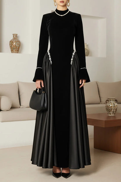 Velvet Patchwork Flare Sleeve Rhinestone Decor Party Maxi Dress