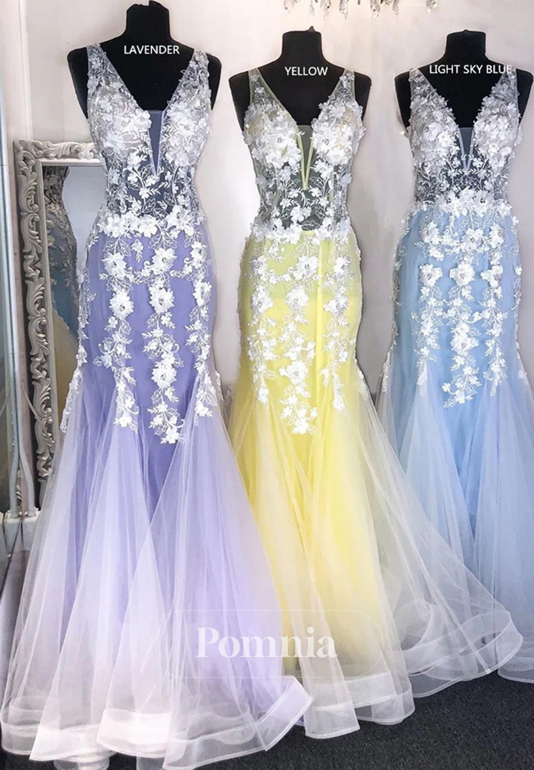 Sky Blue Spaghetti Straps V-Neck Floral Appliques Mermaid Prom Dress