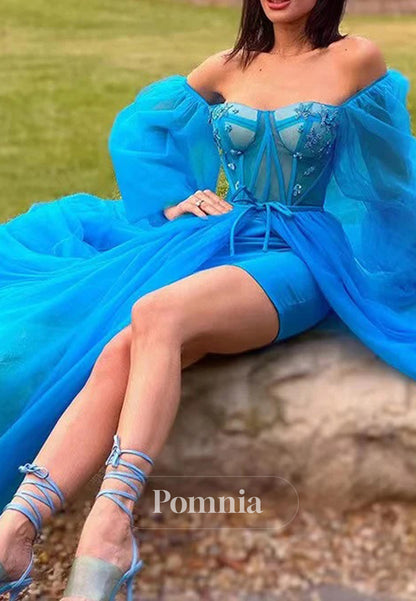 Blue Jay Long Sleeves Off-Shoulder Short Homecoming Dress